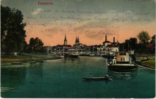 1915 Pancsova, Pancevo; kikötő uszályokkal. Kohn Samu kiadása / port with barges (EK)