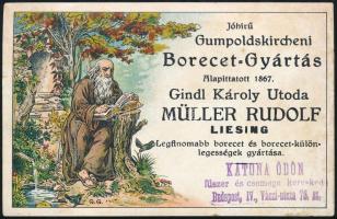 Borecet-Gyártás Gindl Károly Utóda Müller Rudolf litho címke, 14×9 cm