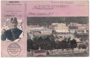 1908 Herkulesfürdő, Baile Herculane; fürdő. Posta-Utalvány montázs postással. Eberle Keresztély kiadása / spa, bath. Montage with postal order and postman (EK)