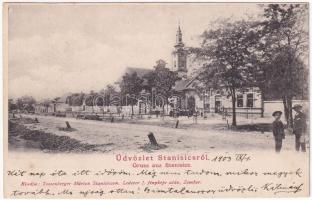 1903 Őrszállás, Stanisics, Stanica; utca, templom. Tossenberger Márton kiadása. Lederer I. felvétele / street view, church (Rb)