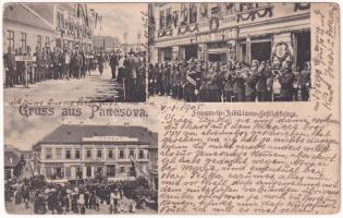 1905 Pancsova, Pancevo; Feuerwehr-Jubiläums-Festlichkeiten / Tűzoltóság jubileumi ünnepsége, Tűzoltólaktanya Isten hozott felirattal és zenekarral, tűzoltók Lugosról, Grand Hotel Trompeter szálloda, Herman Adler, Marcus May üzlete / fire brigade anniversary celebrations, firefighter barracks, firefighters from Lugoj, hotel, shops (EK)