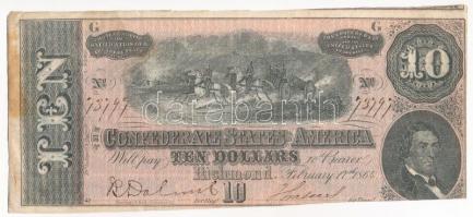 Amerikai Konföderációs Államok / Richmond / Virginia 1864. 10$ 73797 sorszámmal T:III fo. The Confederate States of America / Richmond / Virginia 1864. 10 Dollars with 73797 serial number C:F spotted
