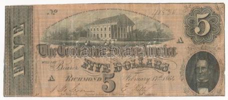 Amerikai Konföderációs Államok / Richmond / Virginia 1864. 5$ 41530 sorszámmal T:III The Confederate States of America / Richmond / Virginia 1864. 5 Dollars with 41530 serial number C:F