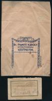 cca 1920-1930 Keszthely, Ivanits Károly Gyógyszertára gyógyszertári boríték és kártya, foltos, sérült, 17x11 cm és 5x7,5 cm