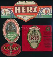 1936 4 db címeres magyar címke: Herz, Globus bácskai lecsó (sérült, hiányos), Ocean, Mezőgazdasági Ipar Rt. Mezőhegyesi Czukorgyára
