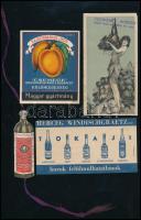 cca 1910-1940 Vegyes itallal kapcsolatos reklám tétel, 4 db:  Kassa, Kecskeméti-Borozó számolócédula, kopott, foltos, a felületén bélyegzéssel, 13x7 cm; Herceg Windisgraetz-féle borok felülmúlhatatlanok, számolócédula, 7x13 cm;  Saxlehner Hunyadi János Budai Keserűvíz Forrás palack alakú könyvjelző, palack: 9x2,5 cm, teljes: h: 37 cm ;  Kajszibarack Likőr, Bp., Csemege Édesipari Gyár Rt., italcímke, 9x7 cm
