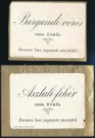 1898-1900 Dervarics Imre Pogányvári Pinczéje (Zala) boroscímkék, 2 db: 'Asztali fehér 1898. évről, Burgundi vörös 1900. évről, Nagykanizsa, Weiss L. és F.-ny., 9x12 cm, 8x10 cm