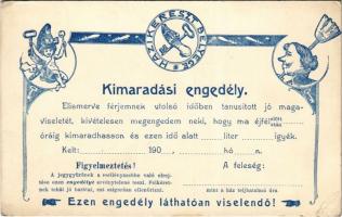 Kimaradási engedély férjemnek. Házikereszt Bélyeg humoros lap / Permit for husbands, humour (EK)