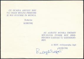 cca 1965 Balogh Edgár (1906-1996) publicista, főszerkesztő autográf aláírása a Korunk c. folyóirat újévi üdvözlőlapján