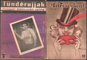 cca 1932-43 2 db magyar divat magazin (Párisi DIvat, Tündérujjak), kissé sérült + 10 db Magyar Úriasszonyok Lapja színes kézimunkamelléklet