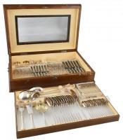 12 személyes ezüst (Ag) evőeszköz készlet, nettó: 4504 g., összesen 99 darab evőeszköz, vágott angol...