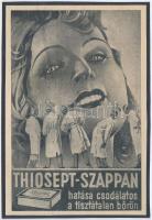 cca 1920-1940 Thiosept-szappan hatása csodálatos a tisztátlan bőrön, szappan reklám kartonra kasírozva, 18x12 cm