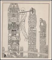 Kozma Lajos (1884-1948): Építkezés, papír, jelzett a nyomaton, paszpartuban, 19,5×16,5 cm