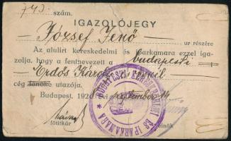 1928 Bp., Budapesti Kereskedelmi és Iparkamara fényképes igazolójegye