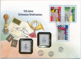 Svájc 1993. 2xklf jelzett Ag bélyegérem 150 Jahre Schweizer Briefmarken feliratú felbélyegzett borítékban, bélyegzéssel, német nyelvű leírással (0.999) T:1 Switzerlands 1993. 2xdiff hallmarked Ag commemorative stamp shaped medallion in 150 Jahre Schweizer Briefmarken envelope with stamp and cancellation (0.999) C:UNC
