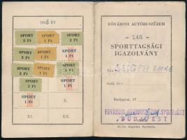 1961 Bp., Fővárosi Autóbuszüzem sporttagsági igazolványa tagdíjbélyegekkel