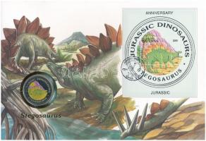 Egyenlítői-Guinea 1993. 1000Fr Cu-Ni "Stegosaurus" multicolor érme, felbélyegzett borítékban, bélyegzéssel T:1 Equatorial Guines 1993. 1000 Francos Ag "Stegosaurus" in envelope with stamp and cancellation, with German description C:UNC  Krause KM#115