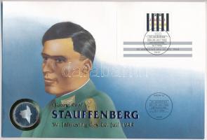 Németország 1994A 10M Ag "Német ellenállás" érme, első napi bélyeggel és bélyegzéssel "Oberst Graf von Stauffenberg" borítékban T:PP patina  Germany 1994A 10 Mark Ag "German Resistance" coin in "Oberst Graf von Stauffenberg" envelope with first day stamp C:PP patina