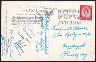 1953 Asztaliteniszezők által aláírt képeslap Londonból: Farkas Gizi, Fantusz Zsuzsa, Várkonyi László, Várkonyi Péter leendő külügyminiszter, stb.