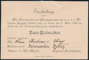 1894 K. u. k. 4. tüzérségi dandár meghívója tánc mulatságra a Széchenyi sétányban lévő szórakozóhelyre, német nyelven, Gyulai Samu, Bp. nyomdája, törésnyommal, 10x15 cm