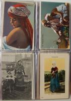 Népviseletek, tipusok, 220 főleg régi motívumlap albumban / Folklore, types, 220 mostly old thematic postcards in album