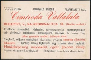 cca 1910-20 Grünwald Sándor Címiroda Vállalata reklámkártyája, Bp. V., Nagykorona u., 9x13,5 cm