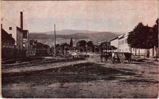 Gyetva, Detva; Vrch Polana / Polyána hegység, tér, gyárkémény / square, factory chimney (EK)