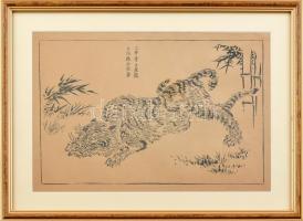 Kanó japán festőiskola, feltehetően Motonobu után: Tigris. Fametszet, papír. Jelzett a fametszeten. Vízjeles bambuszpapíron Üvegezett, dekoratív fa keretben. 20x29 cm