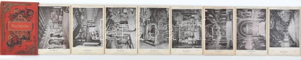 1895 Neuschwanstein, leporelló 10 db keményhátú, fekete-fehér fotóval, München, Verlag von Jos. Albert. Szecessziós, aranyozott, festett egészvászon-kötésben, 17x11 cm