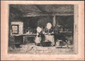 Munkácsy Mihály (1844-1900): Konyhában. Munkácsy egyetlen rézkarca, papír, jelzett a karcon, foltos, 20×28 cm