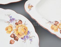 Zsolnay rózsamintás hiányos étkészlet, matricás porcelán, kopott, egyik tányér törött, Jelzett