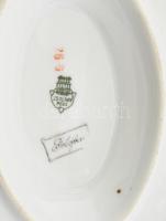 Zsolnay rózsamintás hiányos étkészlet, matricás porcelán, kopott, egyik tányér törött, Jelzett