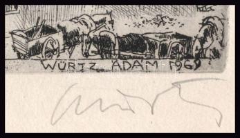 Würtz Ádám (1927-1994): Dunaújvárosi építkezés, 1953. Rézkarc, papír, jelzett, lapszéli apró szakadá...