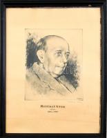 Kórusz József (1927-2010): Hetényi Géza (1894-1959) belgyógyász portréja. Rézkarc, papír, jelzett, üvegezett fa keretben, 27x21 cm