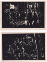 5 db MODERN magyar művészlap: Varsányi Pál "Bányászok" c. fametszet sorozata. Művészeti Al...