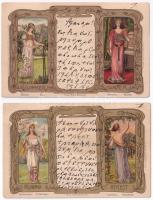 2 db RÉGI (1901 előtti) szecessziós litho művészlap hölgyekkel: Nyár-Tél, Tavasz-Ősz (titkosírással írt lap) / 2 pre-1901 Art Nouveau litho lady art postcards: Summer-Winter, Spring-Fall (with cryptography)