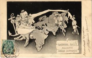 1903 Barnum & Bailey Alliance Anglo-Japonaise / Anglo-Japanese Alliance mocking propaganda art postcard (EK)