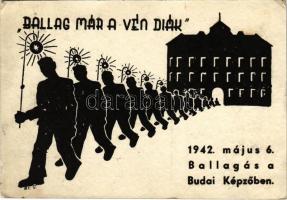 1942 "Ballag már a vén diák" Ballagás a Budai képzőben / WWII Hungarian military art postcard (EB)