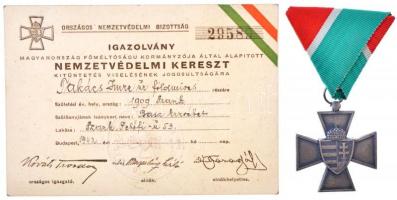 1940. Nemzetvédelmi Kereszt / A Hazáért ezüstözött Br kitüntetés mellszalaggal, 1942-ben kiállított viselési igazolvánnyal T:2 Hungary 1940. National Defence Cross gilt Br decoration with ribbon, with bearers ID from 1942 C:XF NMK 442.