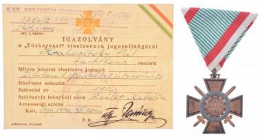 1941. Tűzkereszt I. fokozata oxidált hadifém kitüntetés mellszalaggal, 1943-ban kiállított viselési igazolvánnyal T:2 Hungary 1941. Hungarian Fire Cross 1st class oxidized war metal decoration with ribbon, with bearer ID from 1943 C:XF NMK 443.