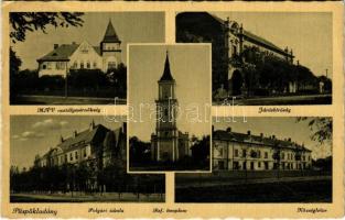 1943 Püspökladány, MÁV osztálymérnökség, Járásbíróság, Polgári iskola, Református templom, Községháza (EK)