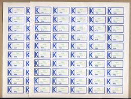 A megszűnt Pécs Vasas 2 postahivatal 2 teljes 50-es ív öntapadós "K" ragjegye