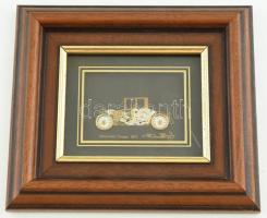 Chevrolaet Coupe 1912 makett, óra alkatrészekből összeállított falidísz, Jelzett: Ken Broadbent, hátoldalán feliratozott, üvegezett fakeretben 10x12 cm