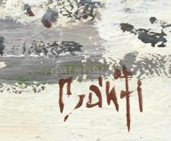 Bánfi jelzéssel: Tiszamenti táj. Olaj, karton. Hátoldalán feliratozott. Dekoratív, kissé kopott fa k...