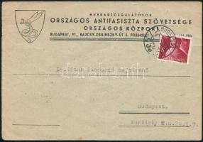 1948 Bp., a Munkaszolgálatosok Országos Antifasiszta Szövetsége fejléces levelezőlapja, rajta gépelt levéllel