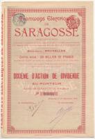 Belgium / Brüsszel 1908. &quot;Saragosse-i Villamosközlekedési Részvénytársaság&quot; részvénye szelvényekkel, bélyegzésekkel T:I- Belgium / Brusselles 1908. &quot;Tramways Electriques de Saragosse&quot; share with coupons and cancellations C:AU