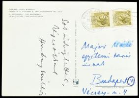 Hubay Miklós (1918-2011) drámaíró, műfordító saját kezű sorai Major Máté (1904-1986) Kossuth-díjas építész részére küldött képeslapon, saját kezű aláírásával.