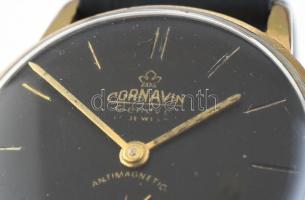 Cornavin fekete számlapos, kézi felhúzós férfi karóra, új bőr szíjjal, jó állapotban, óra tartó dobo...