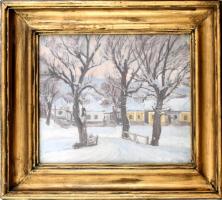 Szlányi Lajos (1869-1949): Havas ózdi táj. Olaj, vászon, faroston, jelzett. Üvegezett, sérült fa keretben, 40×47 cm