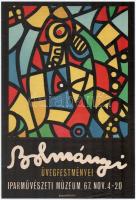 1969 Bolmányi Ferenc (1904-1990) festőművész, grafikus saját kezű sorai és saját kezű aláírása egy az egyik művét ábrázoló fotó hátoldalán, feliratozva, kis szakadással, gyűrődésnyomokkal, karcolásokkal, 23x18 cm + 1967 Bolmányi üvegfestményei, Iparművészeti Múzeum, 1967. nov. 4-20, kiállítási plakát, Bp., Múzeumok Rotaüzeme-ny., 36x25 cm